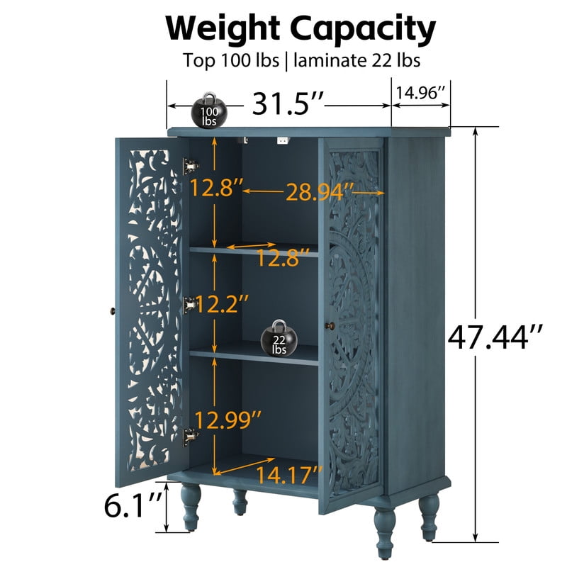 Freestanding Accent Storage Cabinet with Hollowed Out Carved Double Door, Farmhouse Display Buffet Chest with Adjustable Shelf