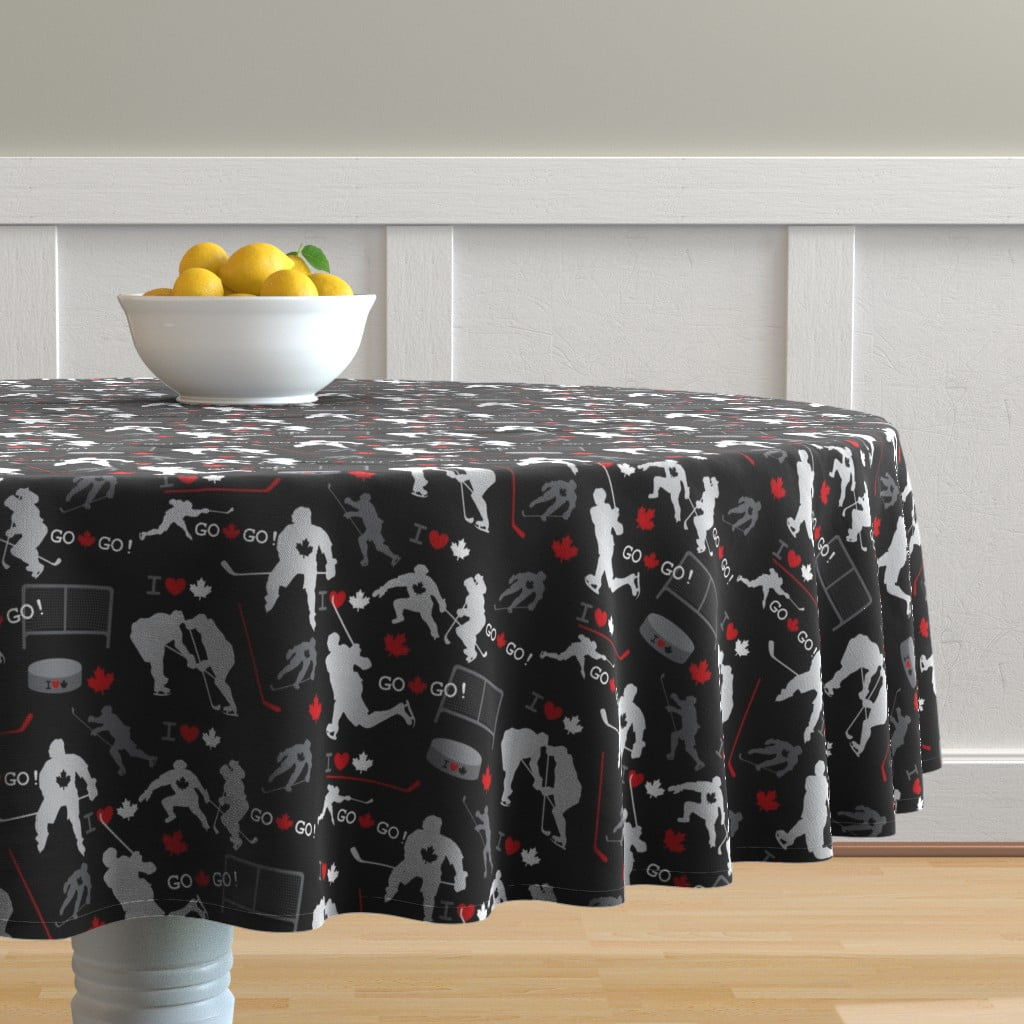 Round Tablecloth Hockey Maple Leaf Black White Red Sport Winter