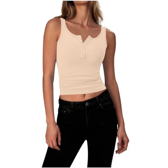 Womens Cropped Tank Tops, Henley Shirts for Women Summer Slimming Fit Button Up Sleeveless Shirt Tanks