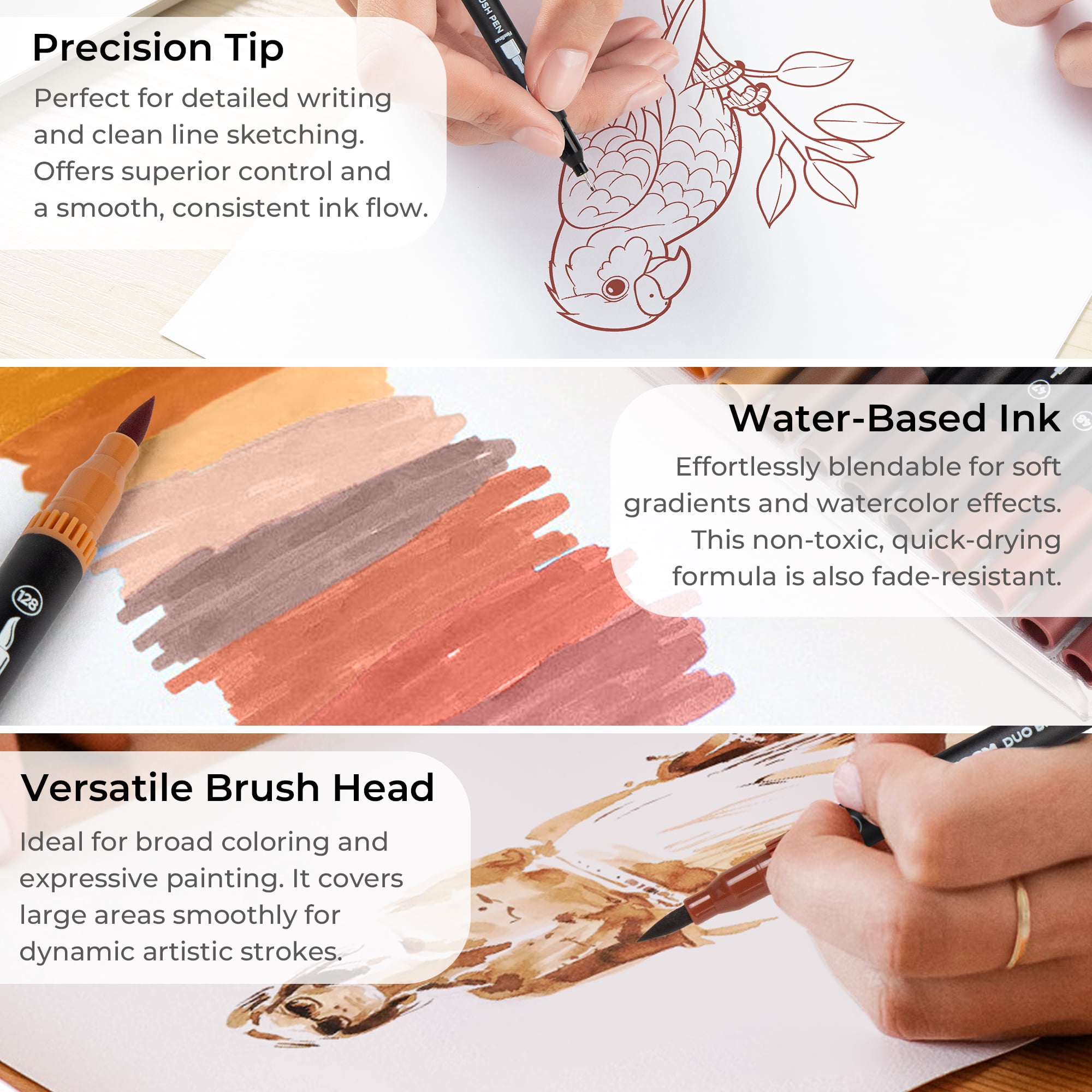 Brown Duo Tip Marker, 12 Pack Fine & Brush Markers for Adult Coloring Books No Bleeding, Brown Markers for Wood Texture, Animal Fur, Vintage Effects