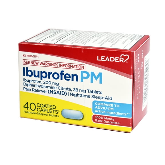 Leader Ibuprofen PM, Pain Reliever/Nighttime Sleep-Aid, 40 Coated Caplets