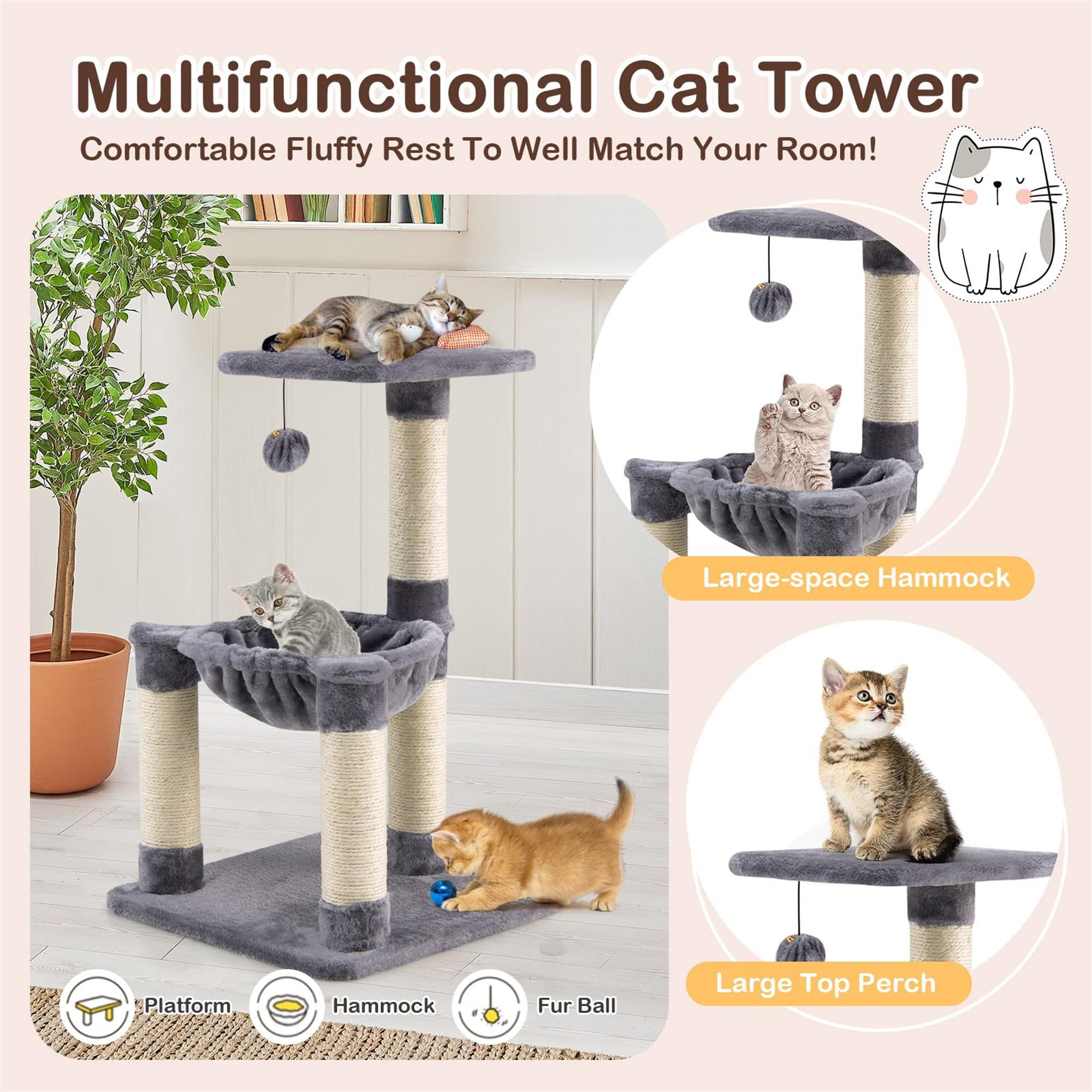 Kadyn 25" Cat Scratching Post, Sisal Rope Scratcher Tree with Hammock and Dangling Ball, Multi-level Cat Tree for Kittens and Adult Cats, Gray Kadyn 25" Cat Scratching Post, Sisal Rope Scratcher Tree with Hammock and Dangling Ball, Multi-level Cat Tree for Kittens and Adult Cats, Gray
