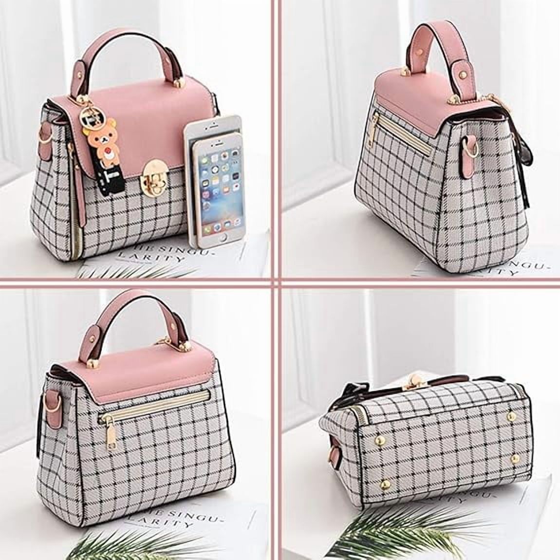 VONGEM Women's Pink Plaid Crossbody Bag with Bear Pendant photo 3