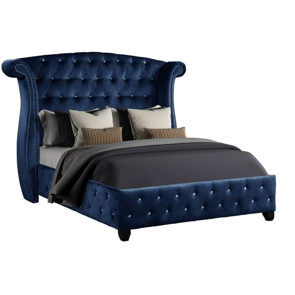 Modern Blue Velvet Queen Bed For A Luxurious Bedroom Stylish In Upholstery With Contemporary Tufting And