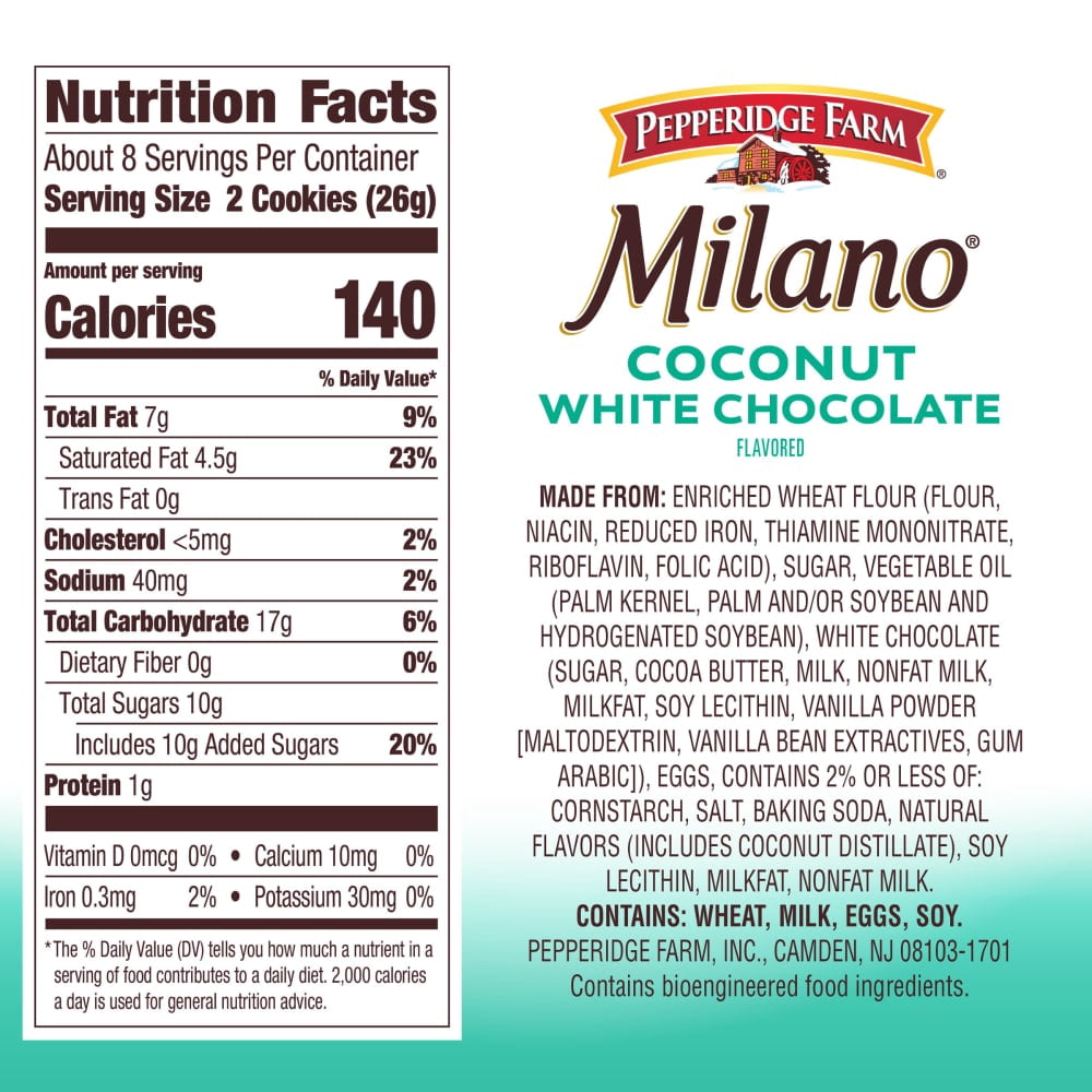 Pepperidge Farm Milano White Chocolate Coconut Flavored Cookies 7 oz - 5 Pack
