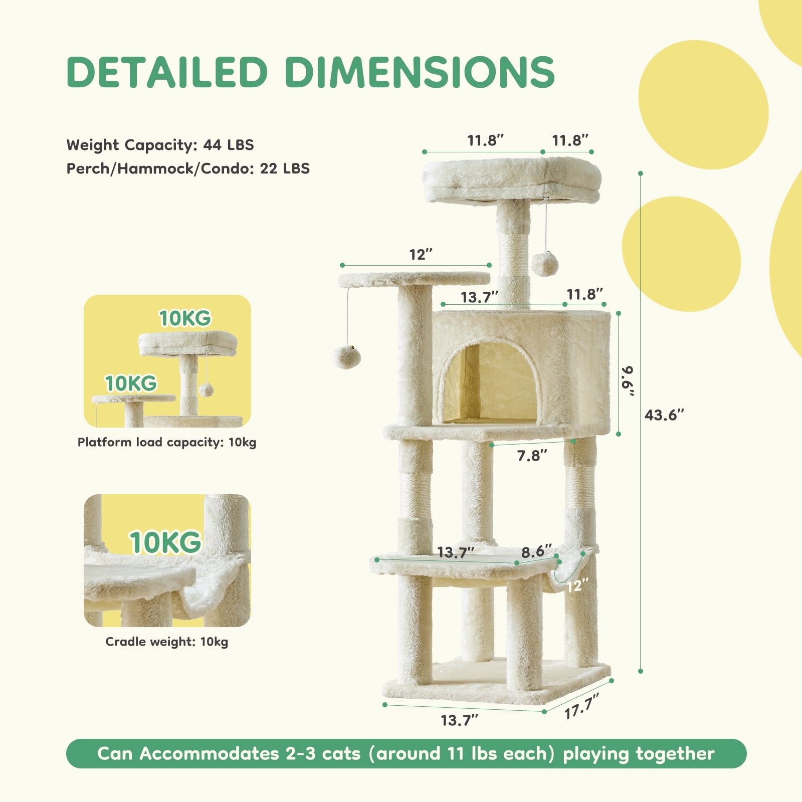 JIOABL 44" Multi-Level Cat Tree Tower with Hammock, Condo, Climbing Plates, Plush Toy, Kitty Playing House, Beige