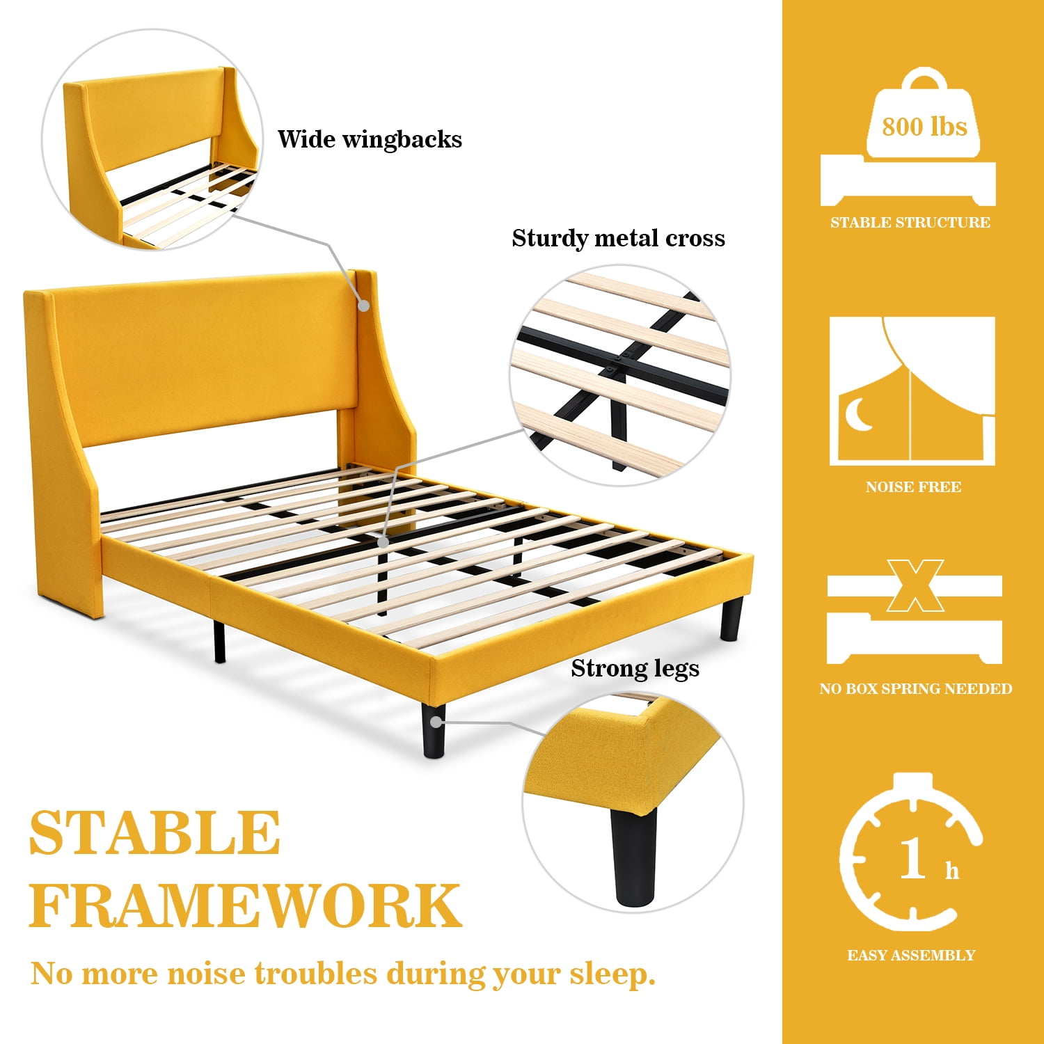Allewie Queen Size Wingback Headboard Modern Platform Bed, Light Yellow