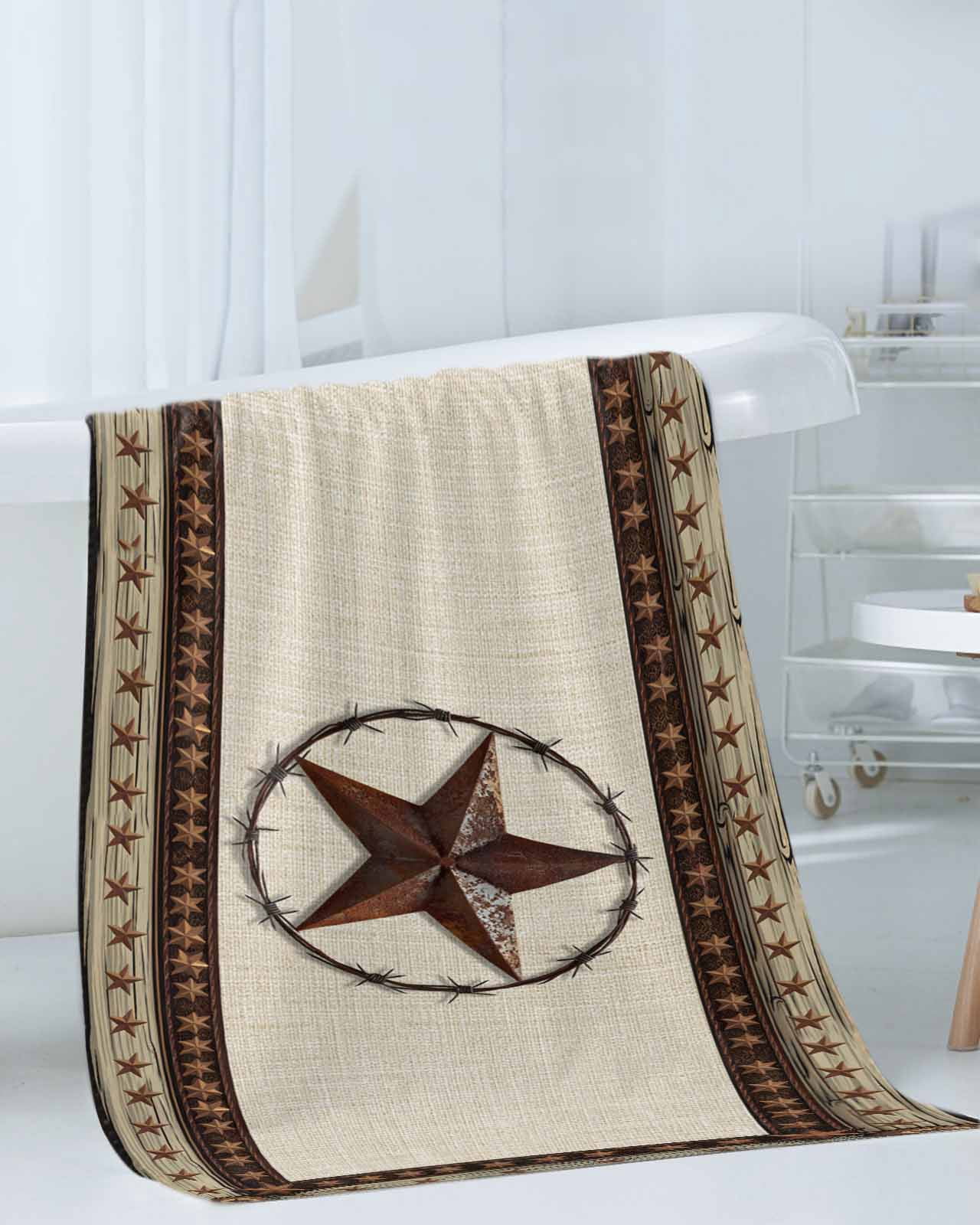 Country Texas Star Towel Set of 3, Soft Microfiber Bath Towels, Hand Towel, Washcloths, Brown Farmhouse Vintage Wooden Quick-Dry Absorbent Towels for Bathroom Kitchen Hotel Beach Gym Spa