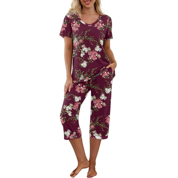 Kmbangi Pyjama pour Femmes Ensemble Manches Courtes V Cou T-shirt et Pantalon Capri Vêtements de Nuit Contraste Couleur/floral/leopard Lounge Costumes