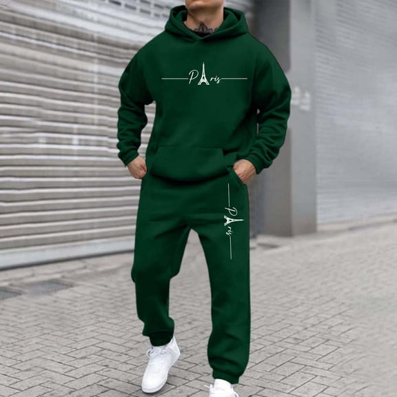 Men's 2 Piece Set Workout Gym Track Suits Big and Tall Paris Print Hoodie and Sweatpants Athletic Winter Sport Sweatsuits Jogging Suit Lounge Outfit