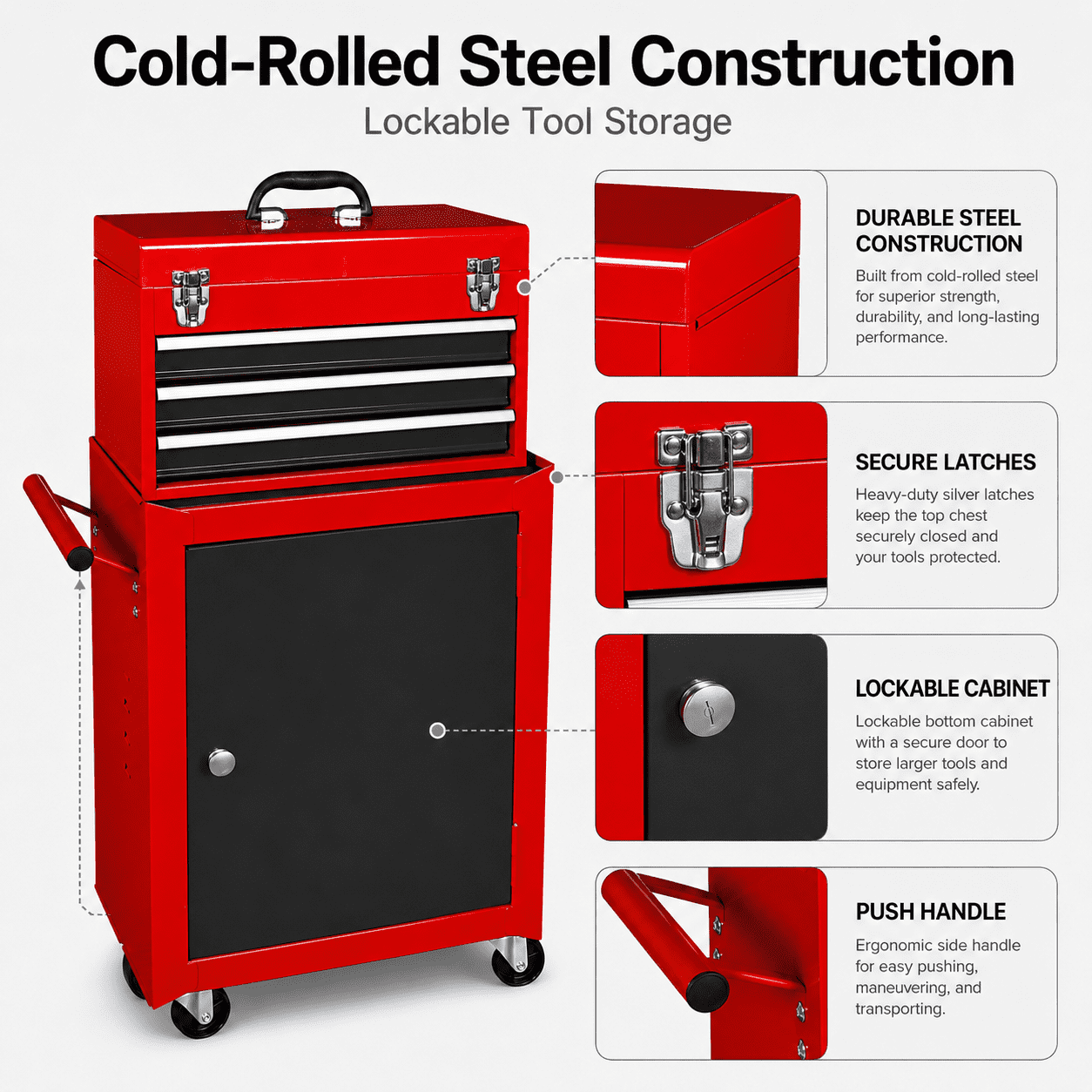 HPDAVV Detachable 3-Drawer Rolling Tool Chest, Red Metal Tool Box and Storage Cabinet with Adjustable Shelf, Locking Drawers, Side Handles and Brake Wheels for Garage Workshop