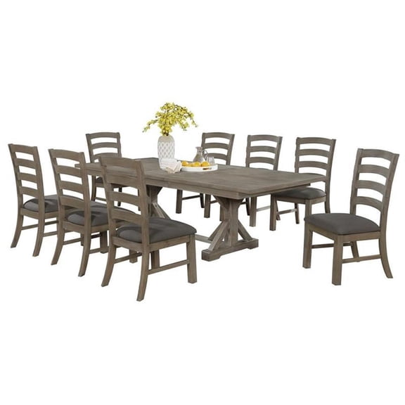 9pc Rustic Gray Brown Wood Dining Set with 8 Beige Linen Chairs