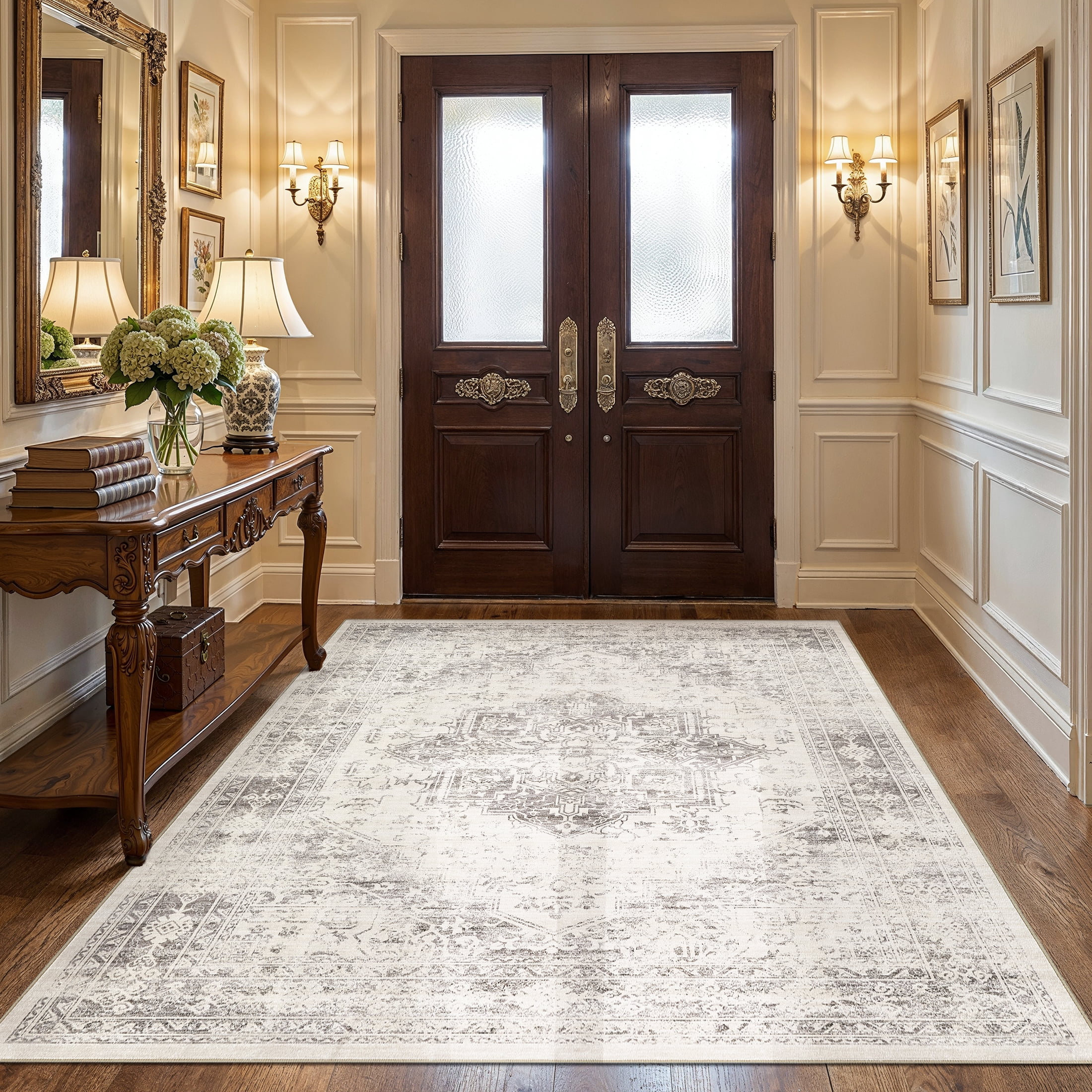 UERMEI 6x9 Washable Area Rugs for Living Room, Modern Vintage Printed Rug, Vacuum-Friendly, Non Slip Indoor Rug for Bedroom Dining Room Home Decor Carpet, Beige