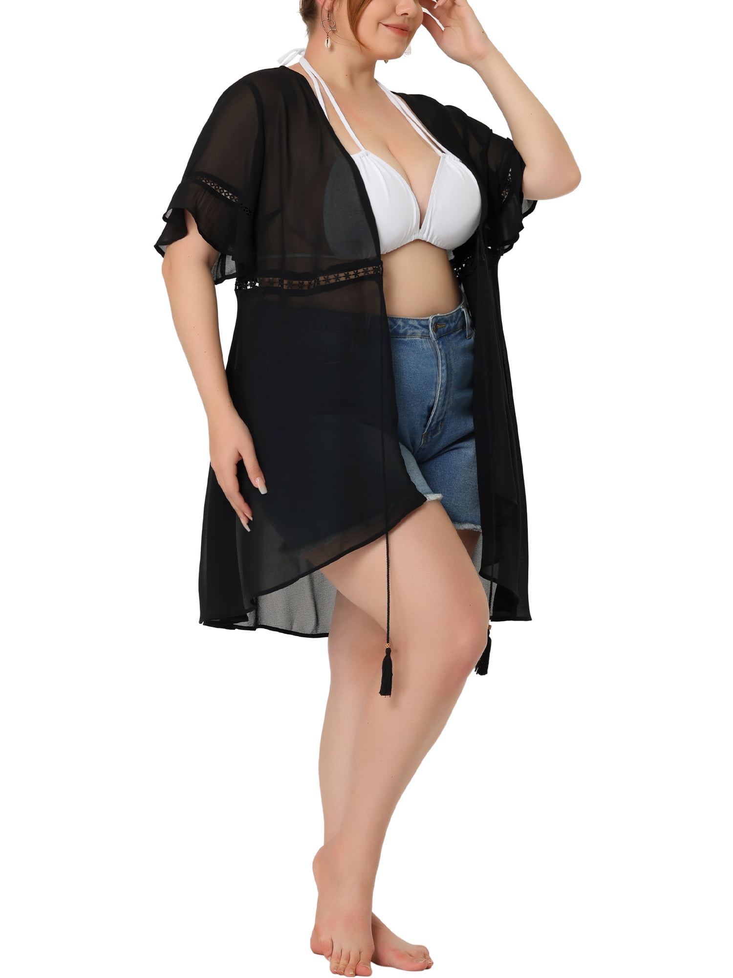 Unique Bargains Women's Plus Size Sheer Ruffle Short Sleeve Midi Summer Cardigans
