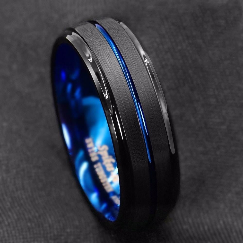 iMetalwerks Awesome 8mm Black Tungsten Ring w/Cool Thin Blue Line Stripe & Beveled Edges. 