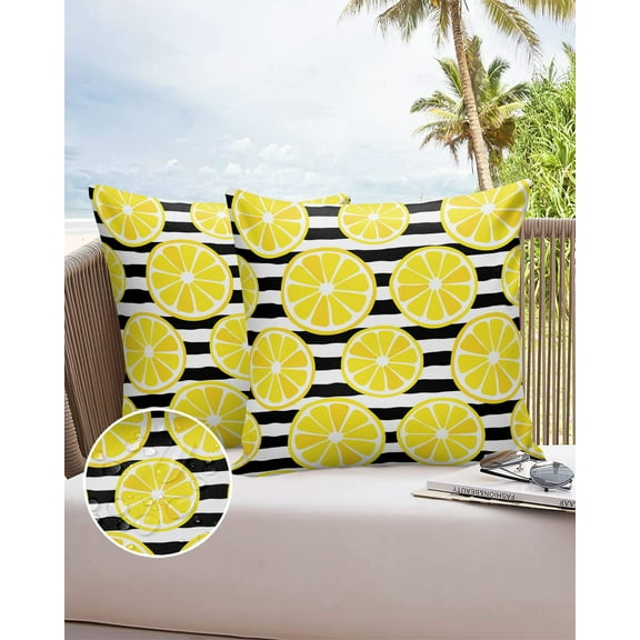 Outdoor Throw Pillow Cover Summer Farm Yellow Lemon Slice Waterproof Cushion Covers 2 Pack Fruit on Black and White Stripes Pillow Cases Home Decoration for Patio Garden Couch Sofa
