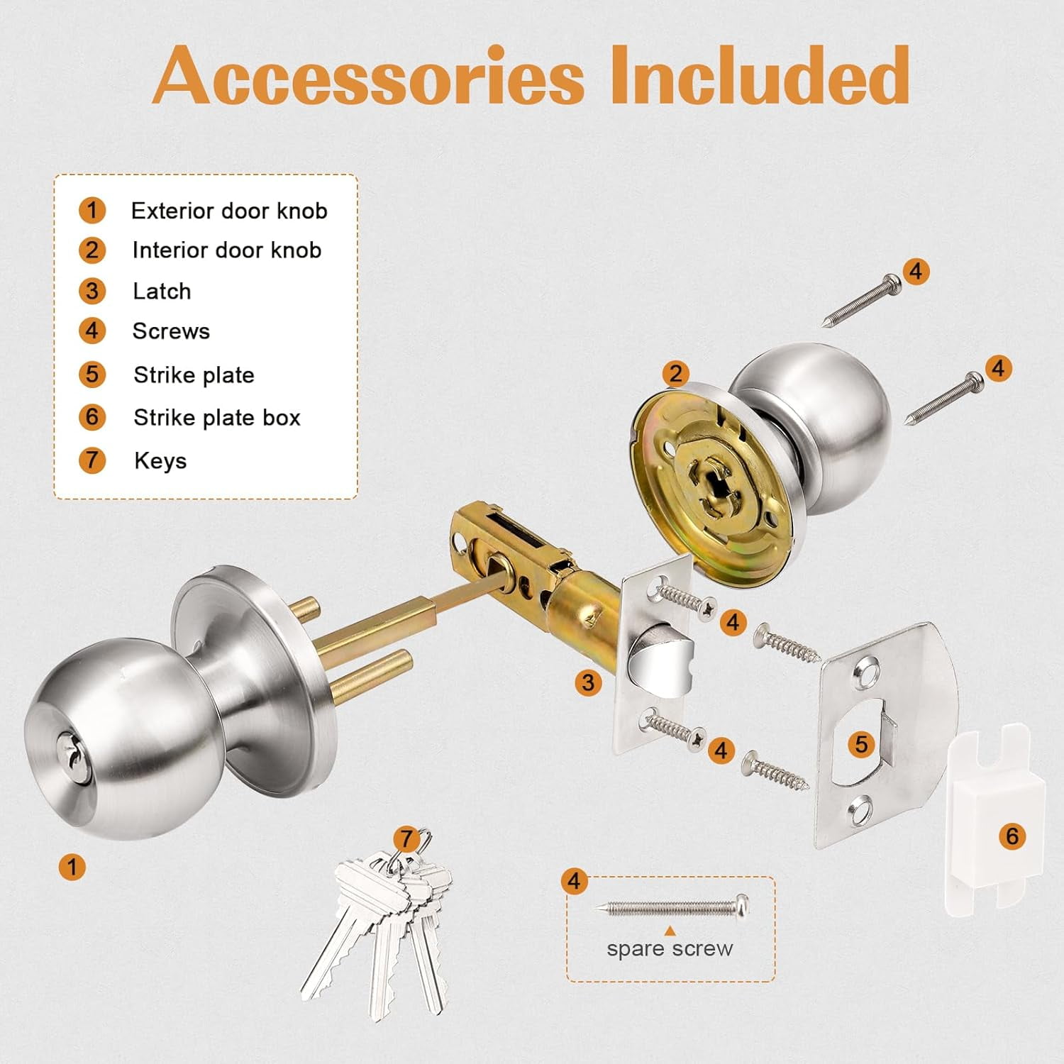 (5 Pack Keyed Alike Door Knobs Combo Pack, Brushed Nickel Ball Entry Door Knobs Entrance Lockset, Interior Exterior Single Cylinder Door Lock