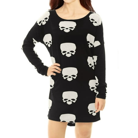 - Women's Long Sleeves Scoop Neck Skull Printed Tunic Knit Shirt Blouse Tops