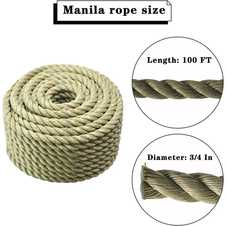 Hostic 3/4 in 100 ft Twisted 3 Strand Synthetic Polypropylene Rope Artificial Manila Rope Suitable for Tree Work Camping Navigation Swing