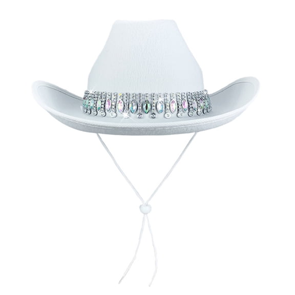 Women's Shiny Rhinestone Cowgirl Hat Wide Brim Glitter Western Cowboy Classic Western Hat for Holiday Party White