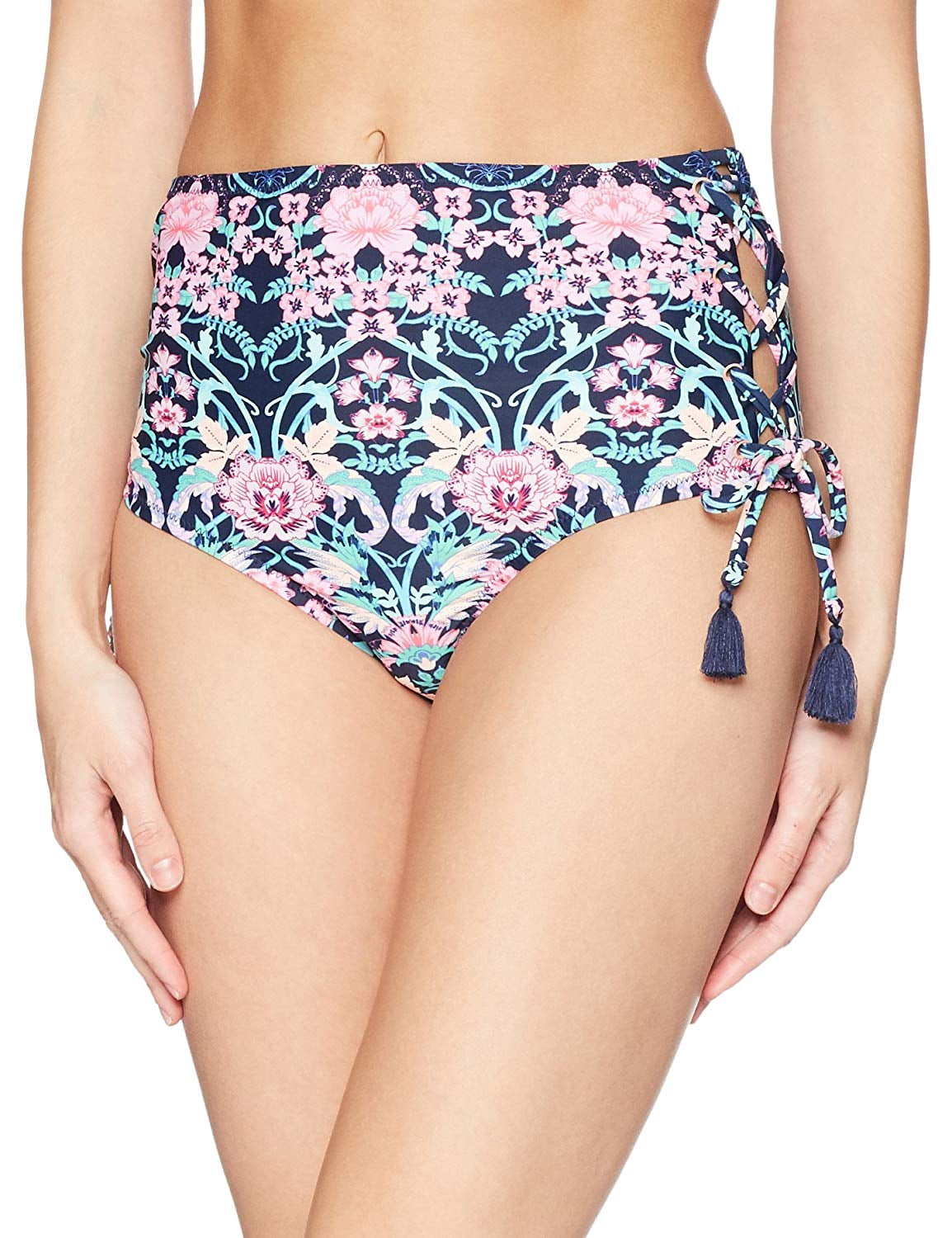 Jessica Simpson Womens La Belle Side Lace-Up High Waist Bikini Bottoms (Dark Navy, Medium)