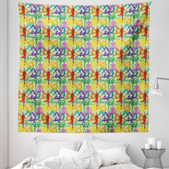 Yoga Tapestry, Colorful Pattern with Various Poses from Eastern Movement Art, Fabric Wall Hanging Decor for Bedroom Living Room Dorm, 5 Sizes, Multicolor, by Ambesonne