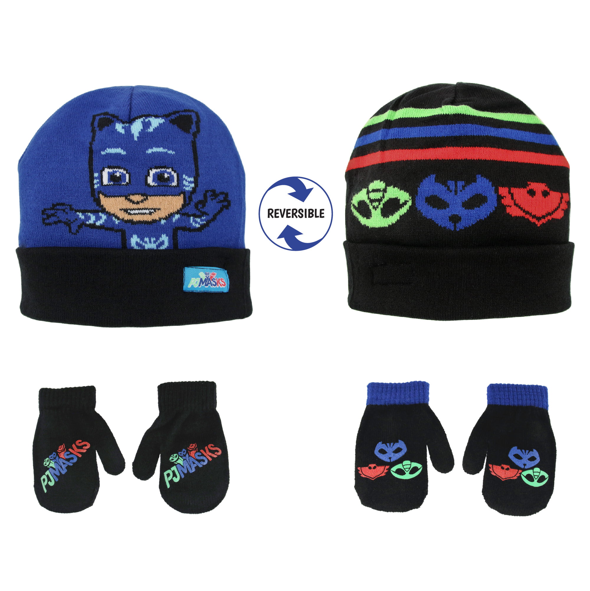 Royal Blue/Black, Little Boys, Ages 4-7 Toddler Boys PJ Masks Reversible Hat and 2 Pair Mitten or Glove Cold Weather Set Age 2-4 or Little Boys Age 4-7 