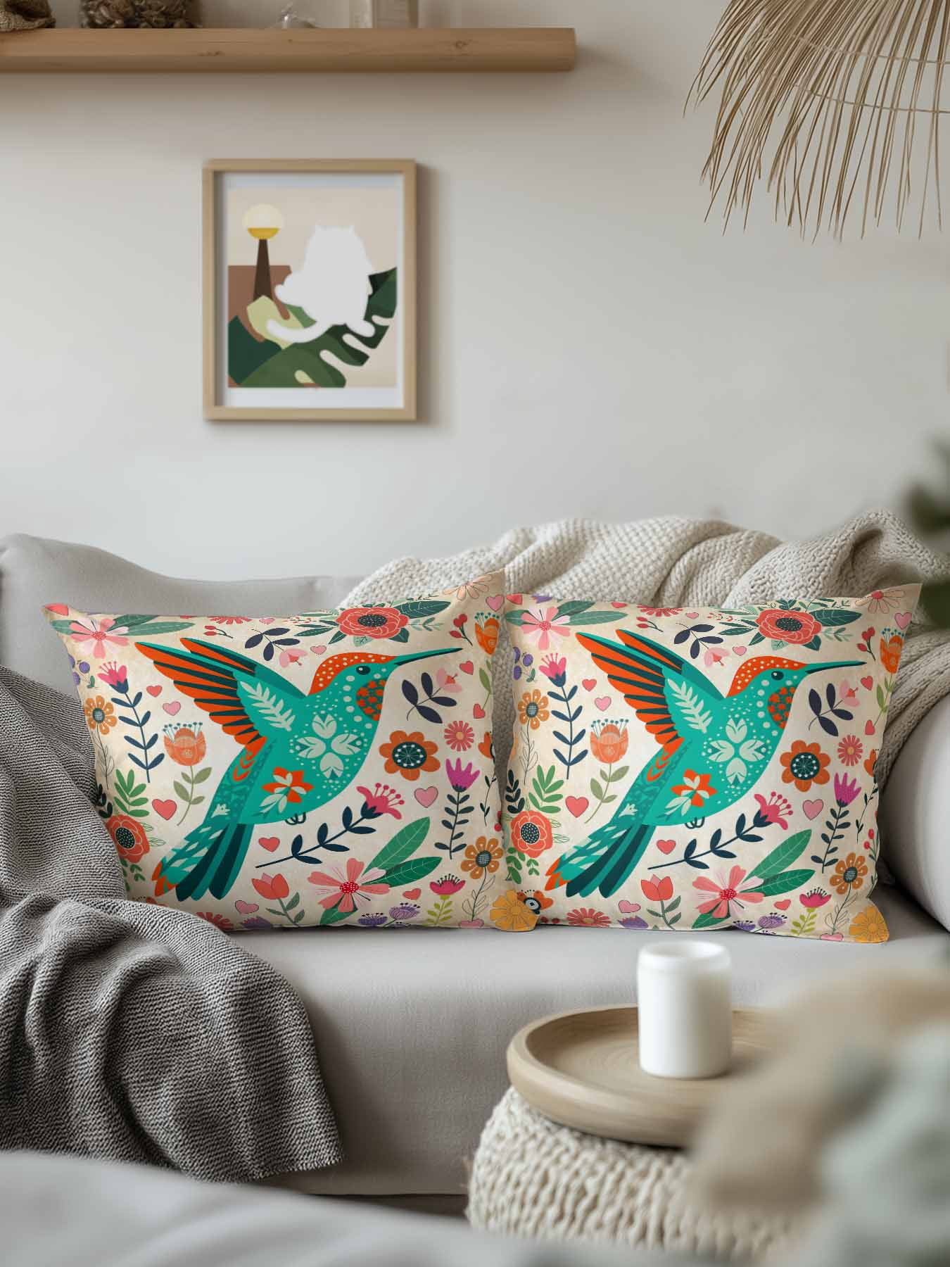 1 Pack Outdoor Pillows Waterproof, Turquoise Birds Indoor/Outdoor Throw Pillows with Inserts, Retro Farmhouse Colorful Flowers Herbs Decorative Pillow for Patio Furniture Chairs Couch