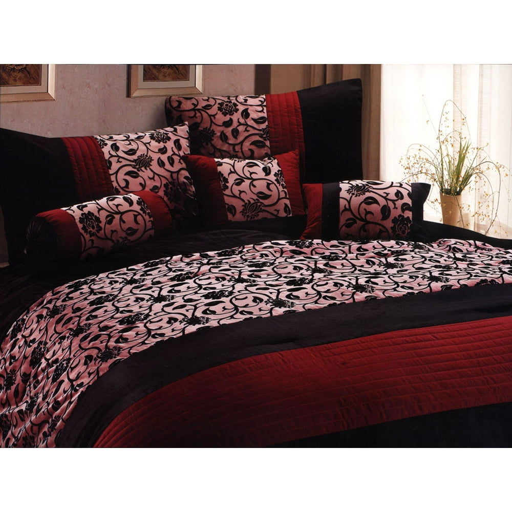7Pc Classy Floral Motif Comforter Set Burgundy Black Goth Gothic