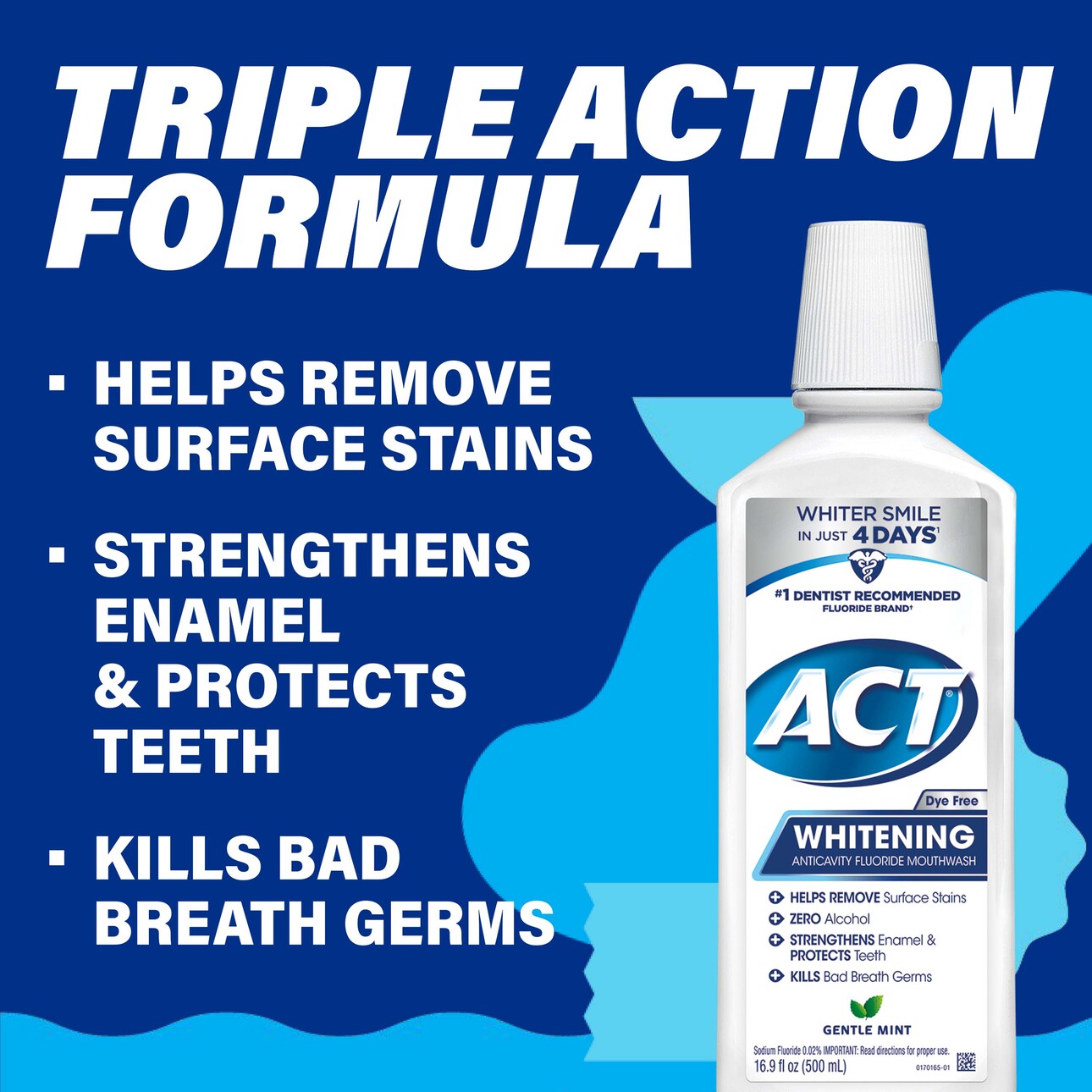 ACT Whitening + Anticavity Fluoride Mouthwash, Gentle Mint, Alcohol Free and Dye Free, 16.9 fl. oz. - image 7 of 9