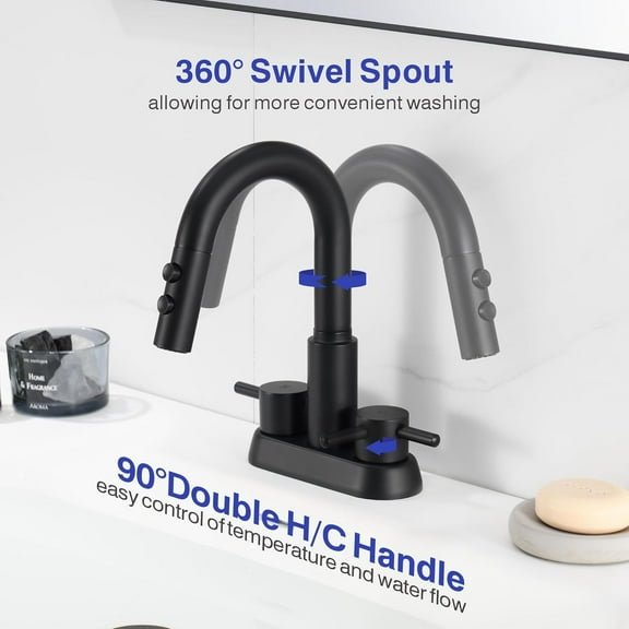 Bathroom Faucet with Pull Down Sprayer 3 Holes, Matte Black 4 inch 2 Handles Centerset Laundry Bar Basin Pull Out Bathroom Sink Faucet with Pop-Up Drain