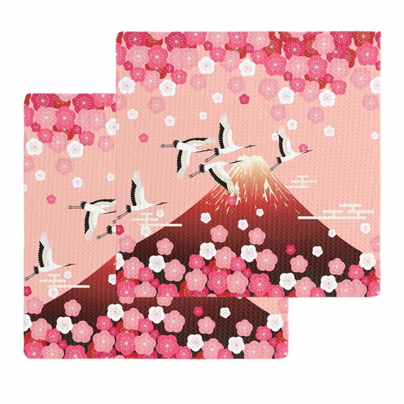 Pink Mountains Kitchen Dish Towels for Drying Dishes Set of 2, Modern Aesthetic Cherry Blossoms Cranes Waffle Weave Microfiber Hand Tea Bathroom Towels Quick Dry & Absorbent Towel 12x12