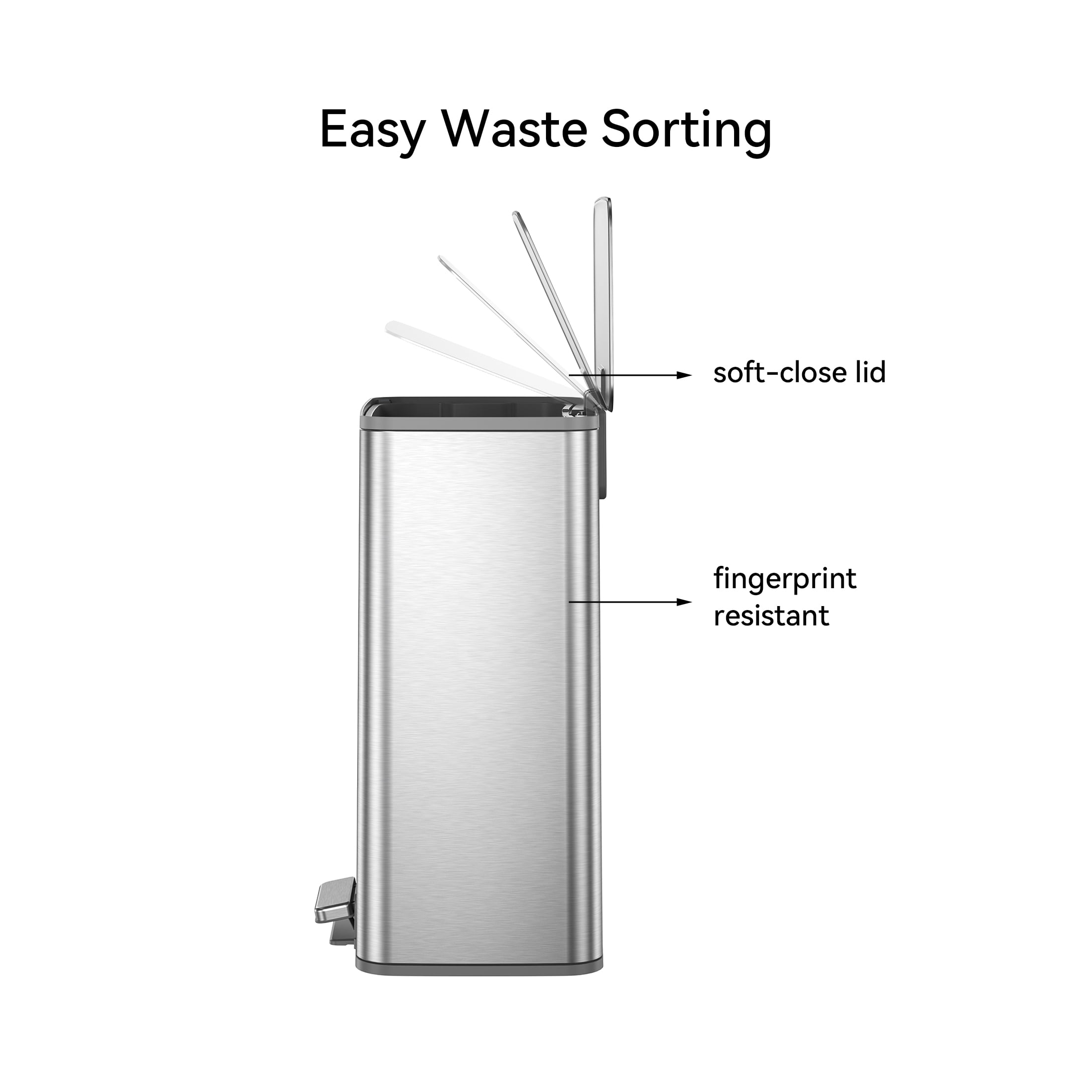 EKO Marina Kitchen Trash Can, 13.2 Gallon Stainless Steel Step Garbage Bin with Soft Close Lid, Matte Silver with Sample Trash Bags Included