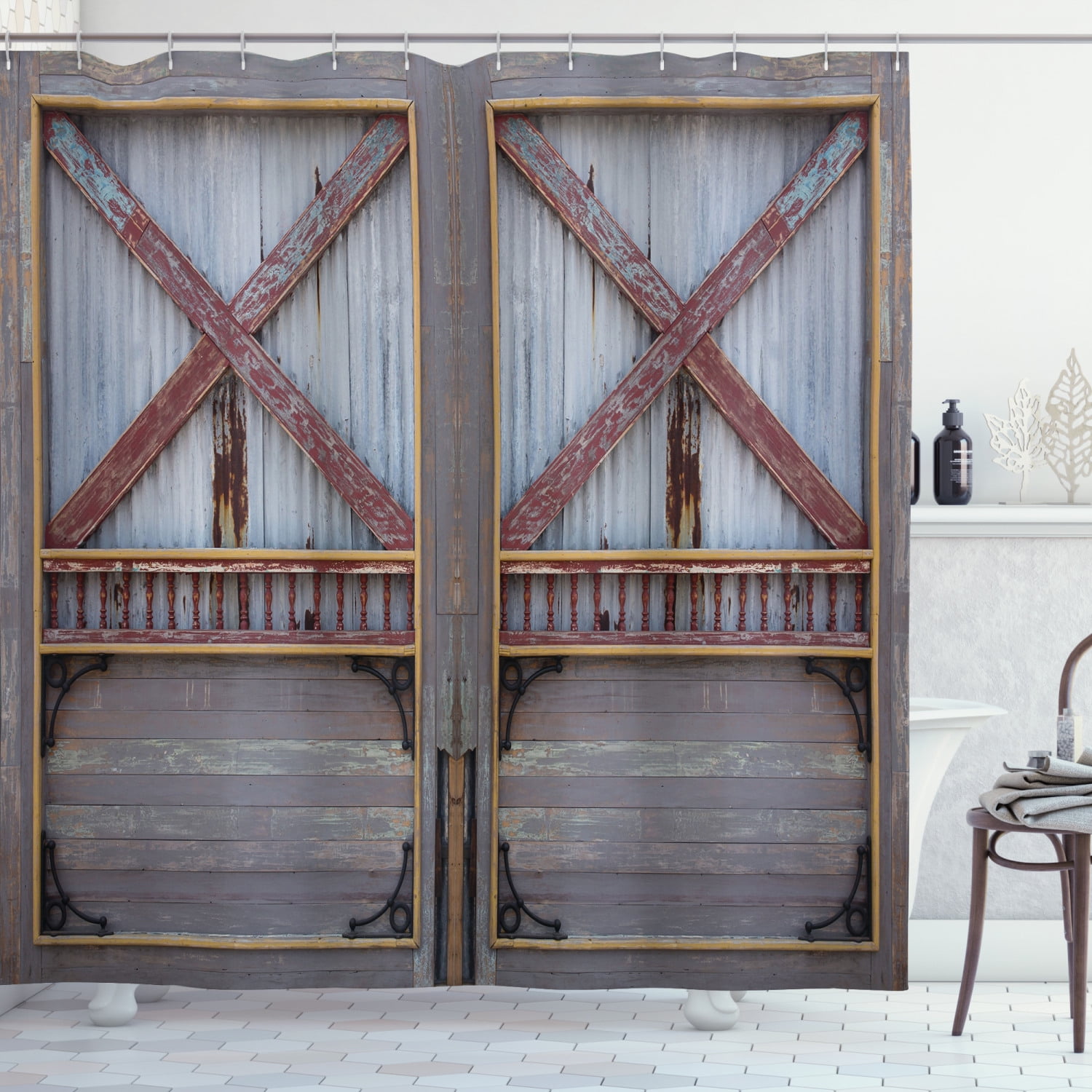 Industrial Shower Curtain, Zinc Style Wooden Gate Image Street