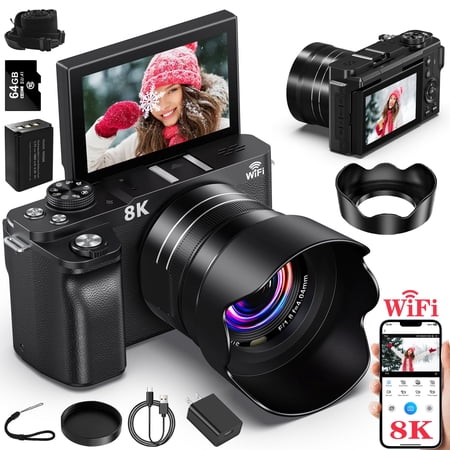 Digital Cameras for Photography 8K WiFi 88MP 18X Zoom Autofocus Vlogging Camera with 3" 180° Flip Screen, 64GB Card