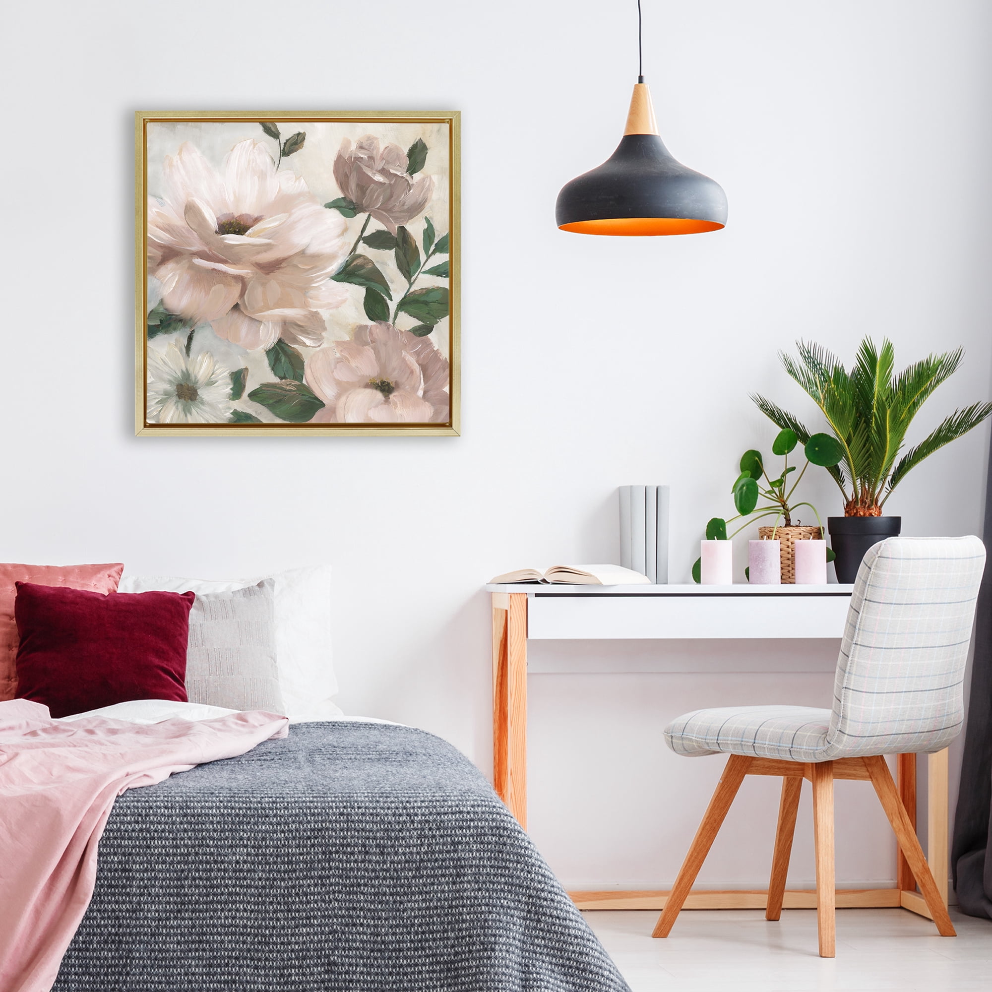Stupell Industries Budding Blush Peonies & Leaves Gold Framed Floater Canvas Wall Art, design by Nan