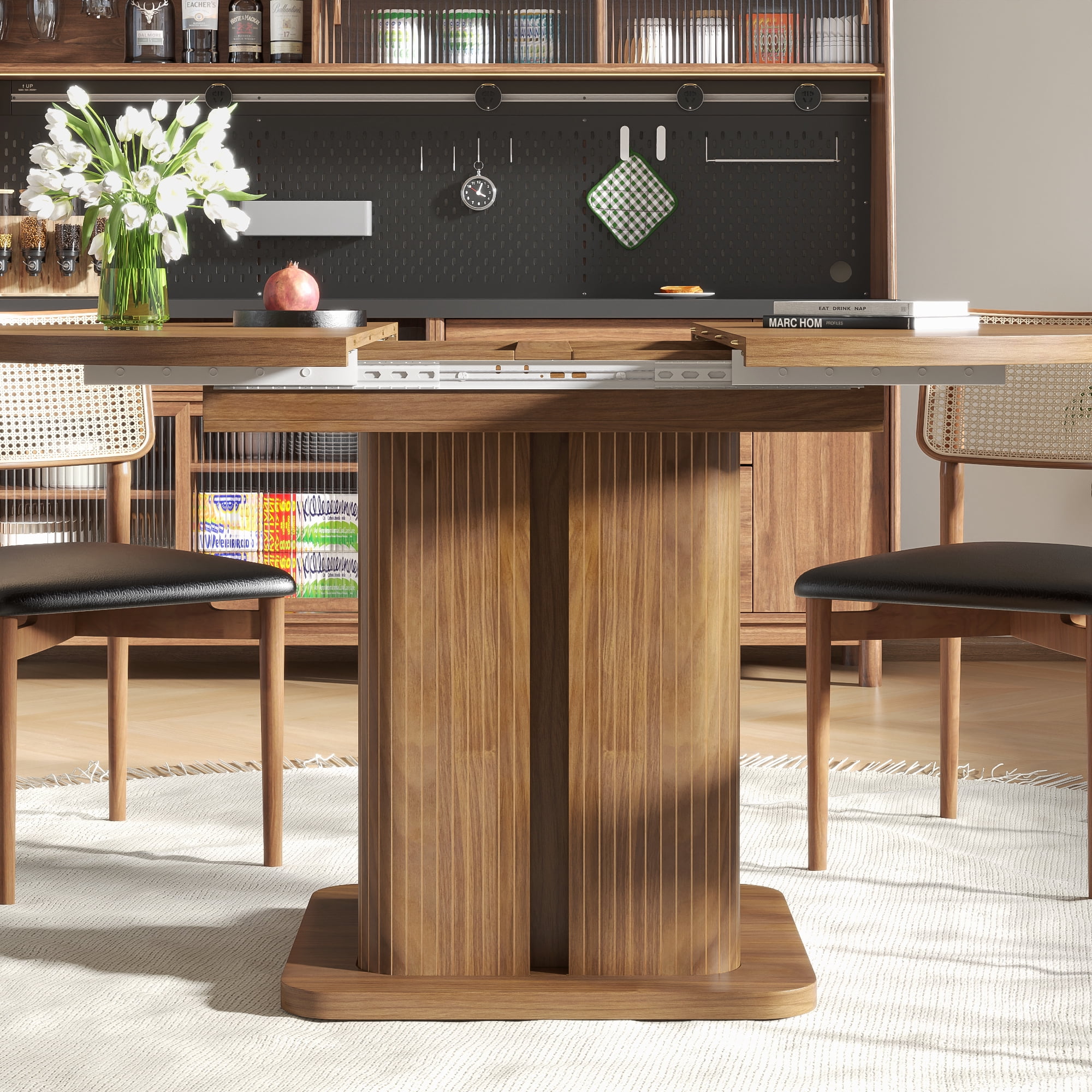 Round Dining Table for 4-8, 43.3''-59'' Extendable Kitchen Table Dinner Table with 2-Layer Storage Shelf and Wood Slide Door for Home Living Room, Walnut