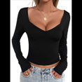 thumbnail image 3 of Camisetas de Larga con Cuello en V para Mujer, Top Corto con Doble Forro y Copas con Costura para Salir. Negro S, 3 of 10