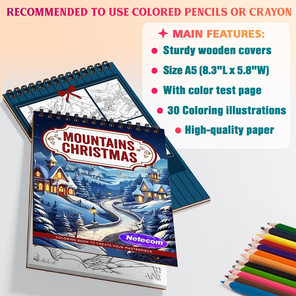 Netecom Mountains Christmas Coloring Book Spiral Bound For Adults, A5 Wooden Cover, 30 Charming Coloring Pages of Wintery Mountains for Stress Relief and Relaxation