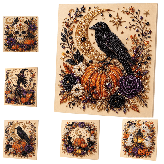 Halloween Black Crow Pearl Art DIY Kit, 3D Special Shaped Pearl Bead Canvas Painting Kit, Ghost Pumpkin Witch Crow Skull Pattern for Beginner Craft Lovers