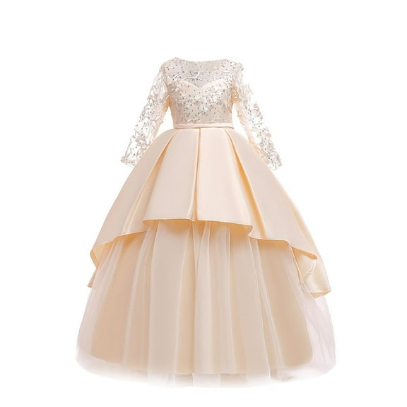 Jalioing Flower Girl Dress Lace Long Sleeve Bridesmaid Dress Formal Pageant Birthday Party Tulle Ball Gown