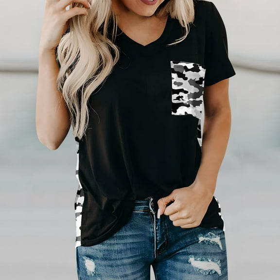 ALLLIST V Neck Womens Tops Summer Short Sleeve T Shirts Camouflage Fashion Blouse for Women