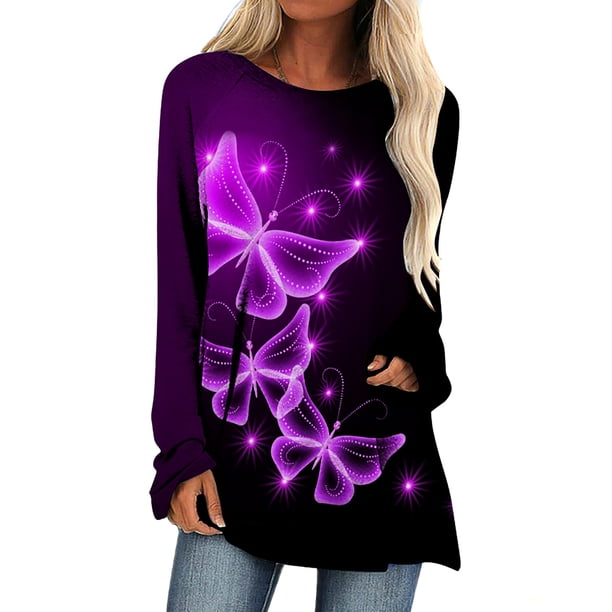 Camiseta holgada de manga larga con cuello redondo y estampado de mariposa a la moda para mujer Fridja czfsfas255
