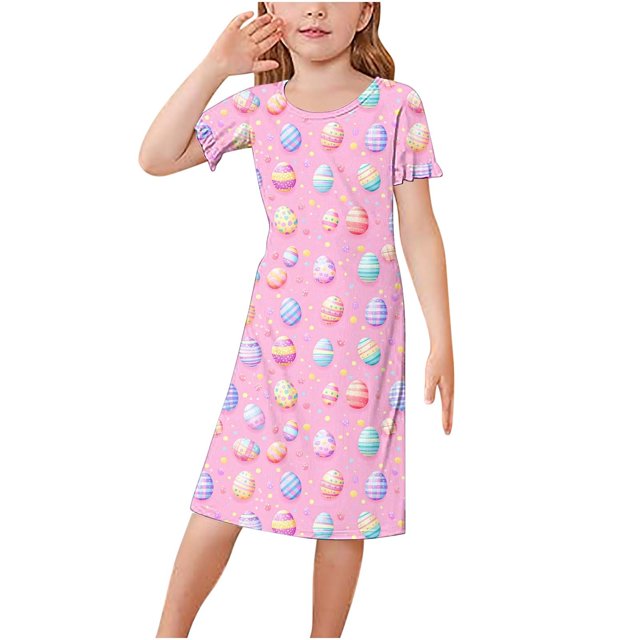 RXIRUCGD 2025 Vêtements d'Été pour Enfants 3-12 Ans Mode Couleur Unie Pyjamas Rêveurs Robe à Manches Courtes Col Rond
