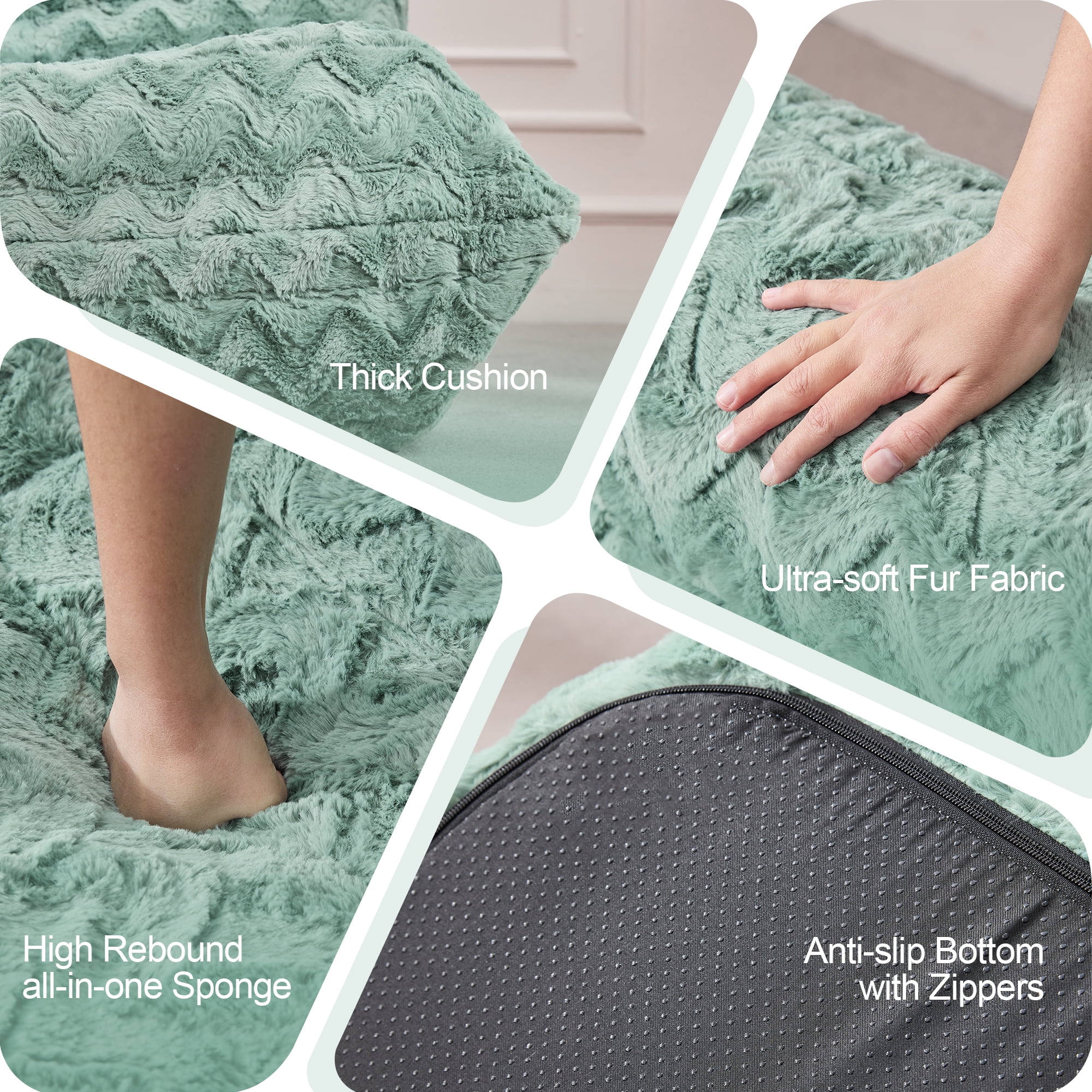 Bean Bag Chairs for Adults Giant Bean Bag Chair Memory Foam BeanBag Chair Bean Bag Sofa with Filler Faux Fur Fireside Beanbags Lazy Sofa for Living Room Bedroom Office (Green Chevron, 3-Seater)