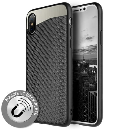 Kaleidio Case For Apple iPhone XS / X [Mercer] Flexible TPU [Slim Fit] Magnetic Rear Skin Cover [Includes a Overbrawn Prying Tool] [Black Carbon Fiber