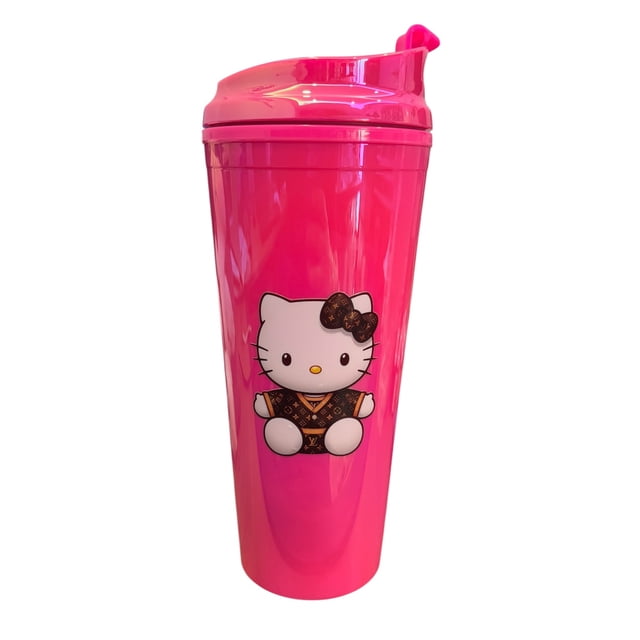 Termo de Acrílico con gliter color fucsia Hello Kitty, mide 23 cm de alto por 10 cm de ancho de 710 mililitros
