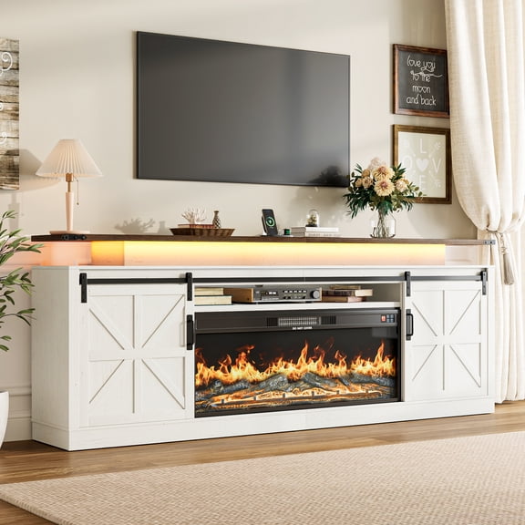 ANPOO 80.7" Farmhouse Fireplace TV Stand with 40" Electric Fireplace, LED Light & Sliding Barn Doors, Entertainment Center Fits Up to 90 Inch TV, Rustic Media Console for Living Room