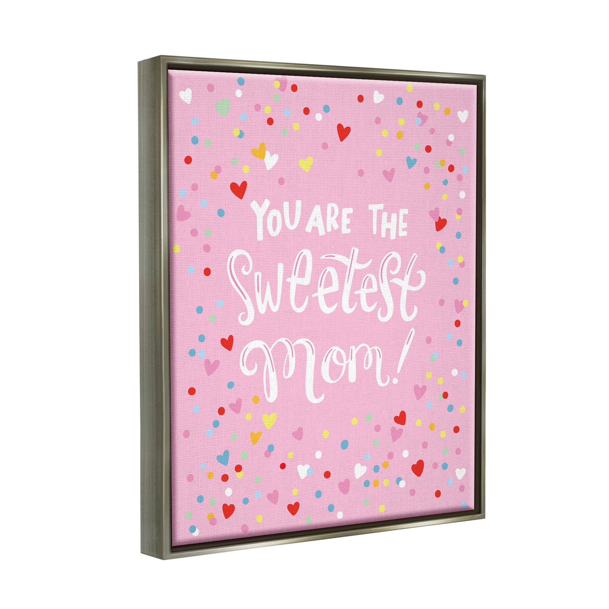 Stupell Industries The Sweetest Mom Pink Hearts Holiday Painting Gray Floater Framed Art Print Wall Art