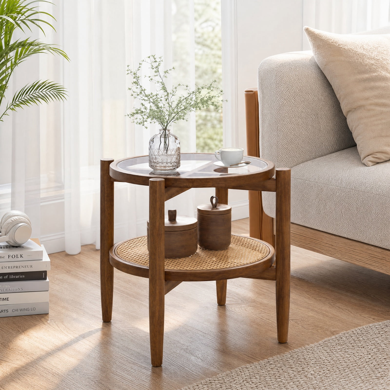 Furnibear Set of 2 Rattan Round Side End Table with Tempered Glass Top and Woven Shelf on Acacia Wood Legs for Living Room Bedroom, Walnut
